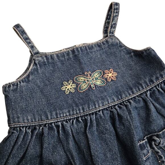 VTG Oshkosh B'Gosh Baby Denim Dress With Embroidered Flowers Butterfly - N4 - Picture 2 of 8